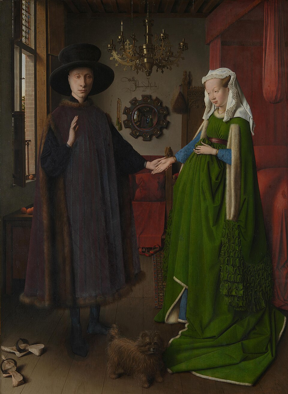 O Casal Arnolfini, de Jan van Eyck: casal em pé num quarto, com lustre e espelho redondo ao fundo
