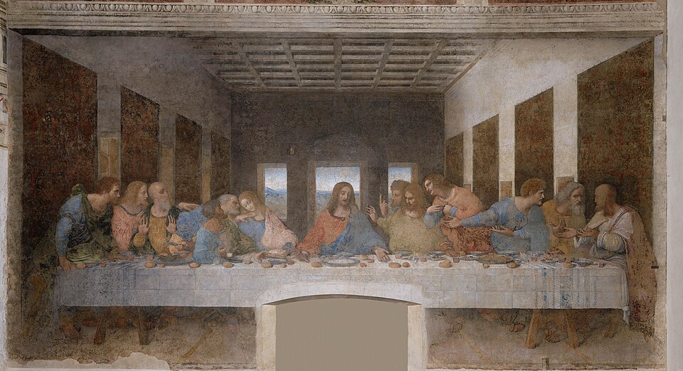 A Última Ceia, de Leonardo da Vinci: Jesus no centro da mesa com os doze apóstolos