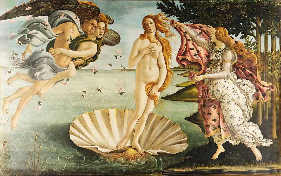 O Nascimento de Vênus, de Botticelli: a deusa nua em pé sobre uma concha no mar